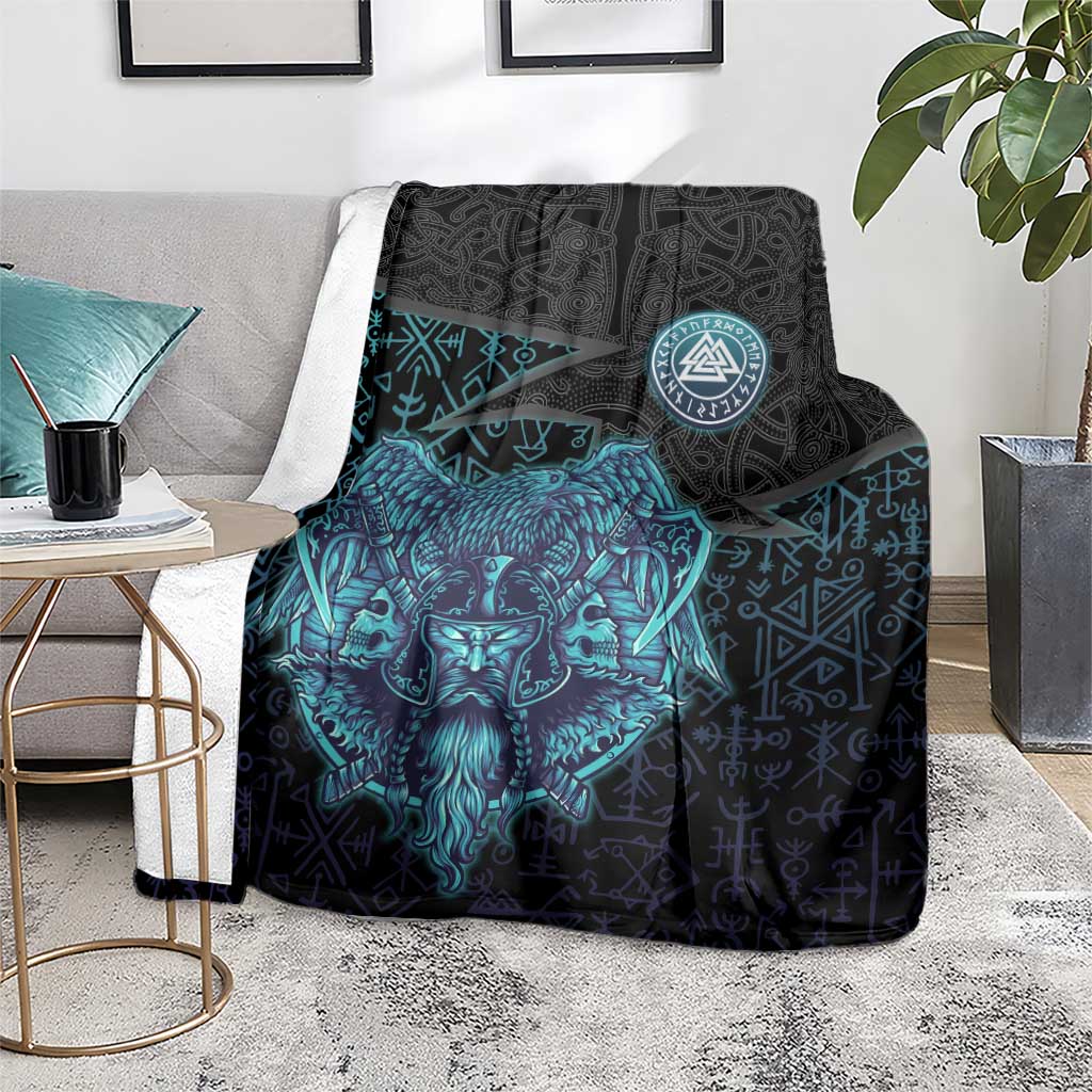 Viking Warrior and Raven Norse Mythology Blanket Neon Line Art with Rune Patterns