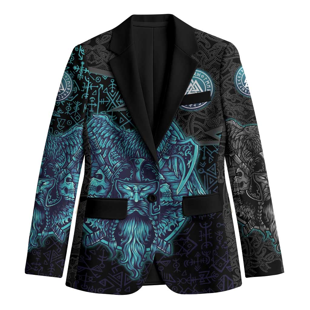 Viking Warrior and Raven Norse Mythology Blazer Neon Line Art with Rune Patterns