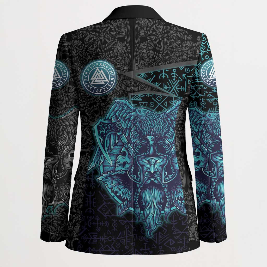 Viking Warrior and Raven Norse Mythology Blazer Neon Line Art with Rune Patterns