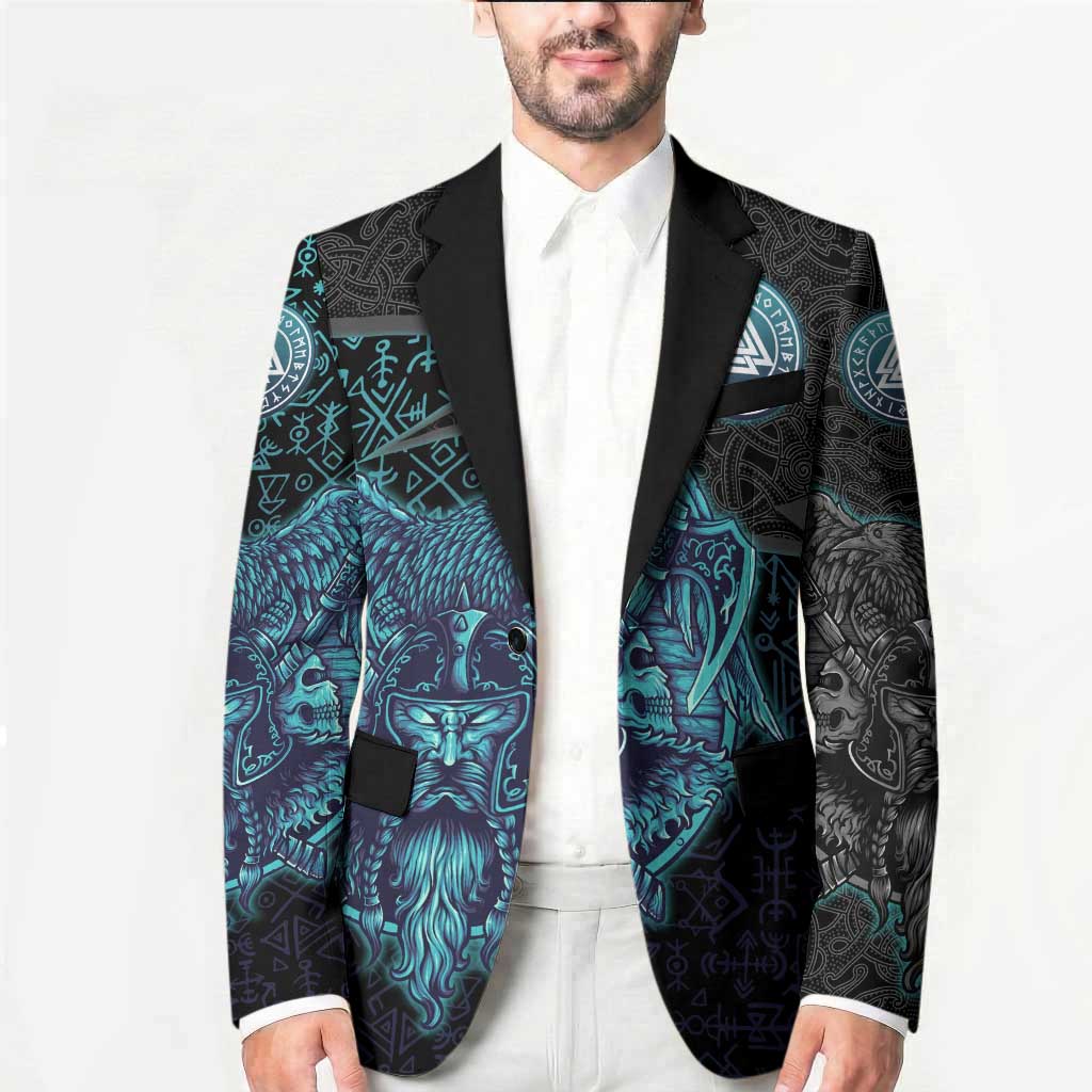 Viking Warrior and Raven Norse Mythology Blazer Neon Line Art with Rune Patterns