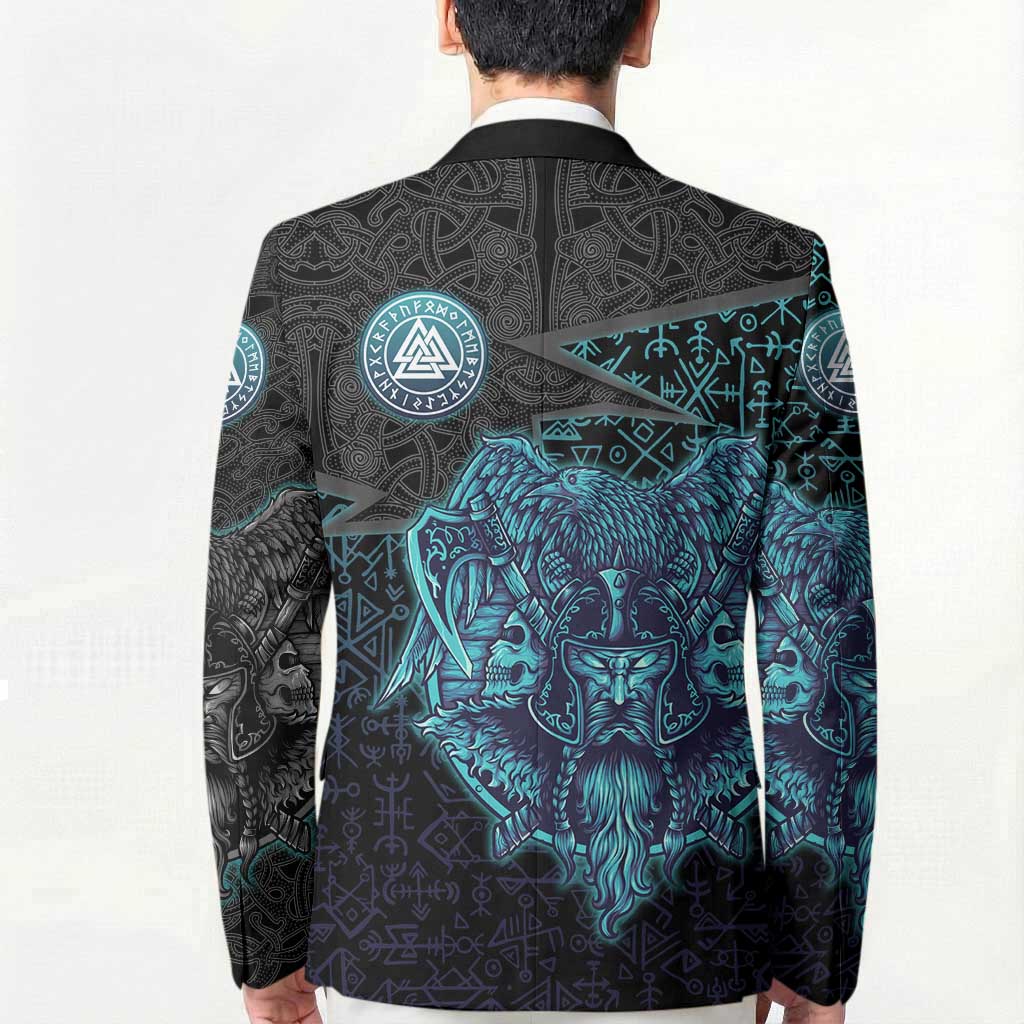 Viking Warrior and Raven Norse Mythology Blazer Neon Line Art with Rune Patterns