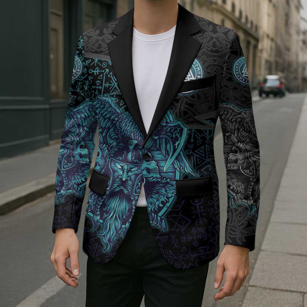 Viking Warrior and Raven Norse Mythology Blazer Neon Line Art with Rune Patterns