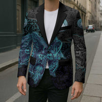 Viking Warrior and Raven Norse Mythology Blazer Neon Line Art with Rune Patterns