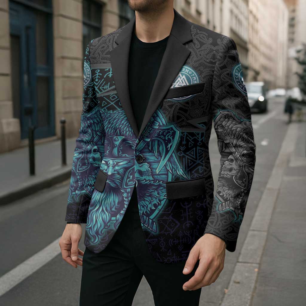 Viking Warrior and Raven Norse Mythology Blazer Neon Line Art with Rune Patterns