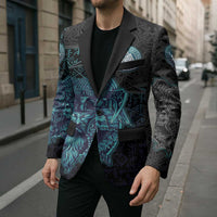 Viking Warrior and Raven Norse Mythology Blazer Neon Line Art with Rune Patterns