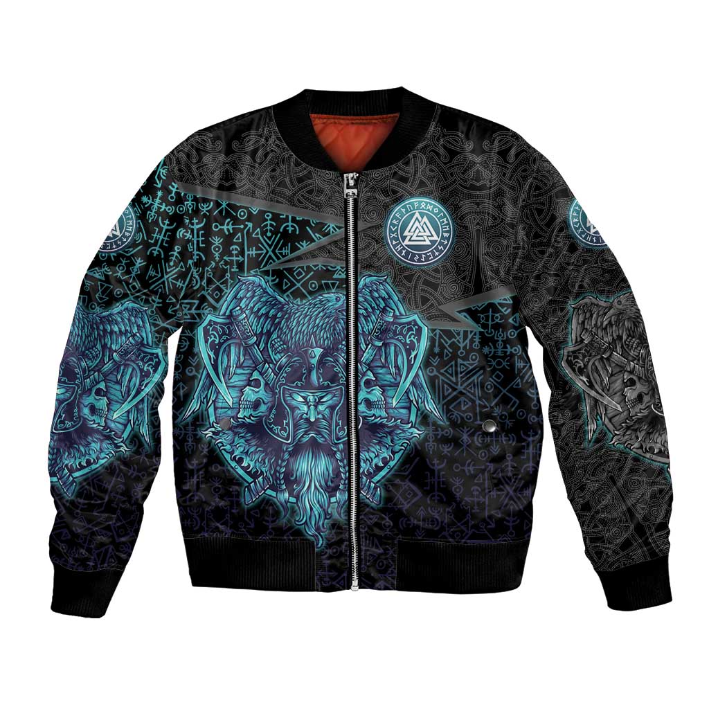 Viking Warrior and Raven Norse Mythology Bomber Jacket Neon Line Art with Rune Patterns