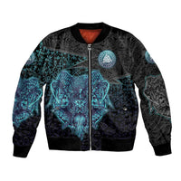 Viking Warrior and Raven Norse Mythology Bomber Jacket Neon Line Art with Rune Patterns