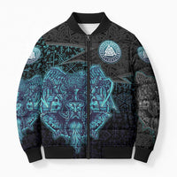 Viking Warrior and Raven Norse Mythology Bomber Puffer Jacket Neon Line Art with Rune Patterns
