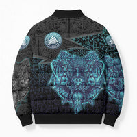 Viking Warrior and Raven Norse Mythology Bomber Puffer Jacket Neon Line Art with Rune Patterns