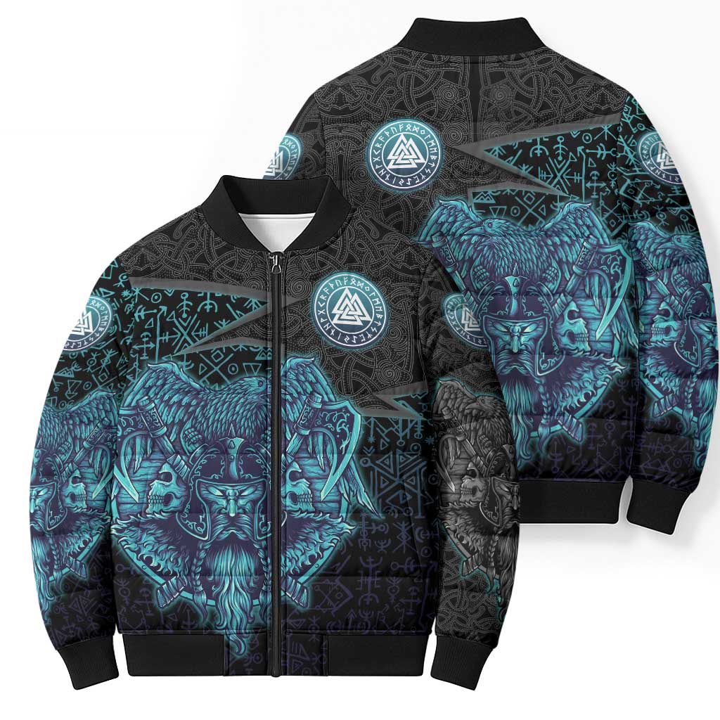 Viking Warrior and Raven Norse Mythology Bomber Puffer Jacket Neon Line Art with Rune Patterns