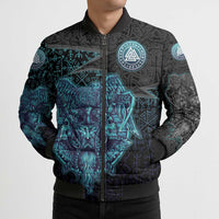 Viking Warrior and Raven Norse Mythology Bomber Puffer Jacket Neon Line Art with Rune Patterns