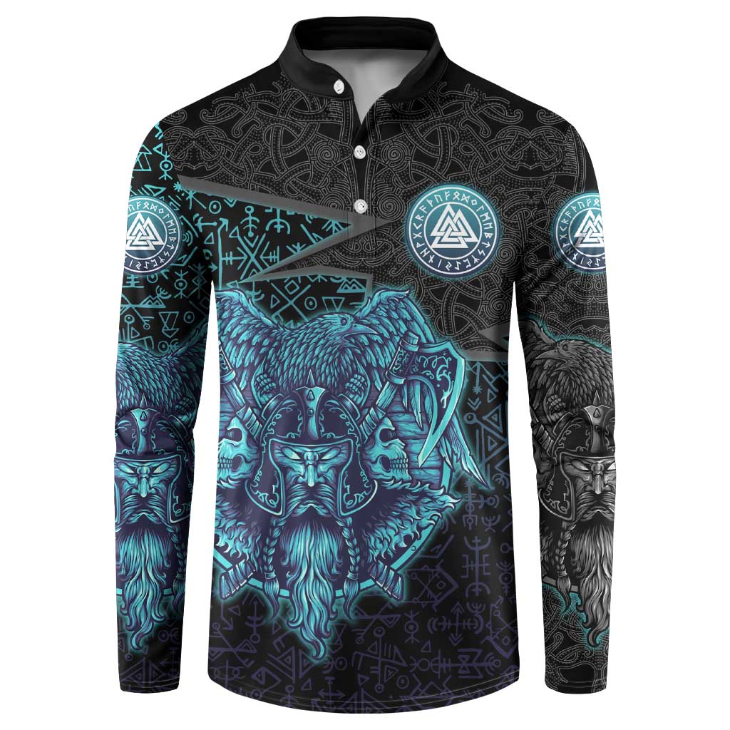 Viking Warrior and Raven Norse Mythology Button Sweatshirt Neon Line Art with Rune Patterns