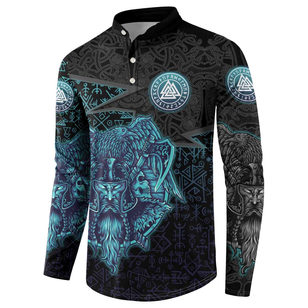 Viking Warrior and Raven Norse Mythology Button Sweatshirt Neon Line Art with Rune Patterns