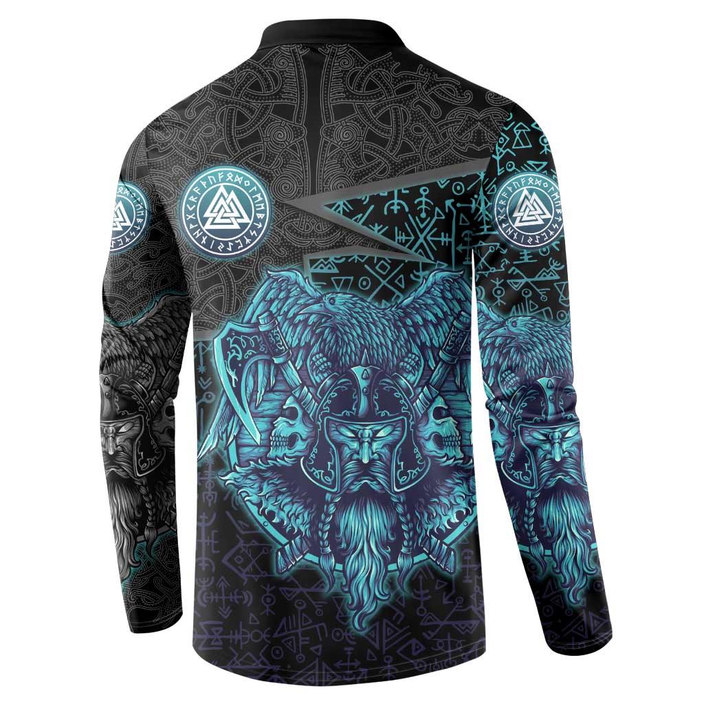 Viking Warrior and Raven Norse Mythology Button Sweatshirt Neon Line Art with Rune Patterns