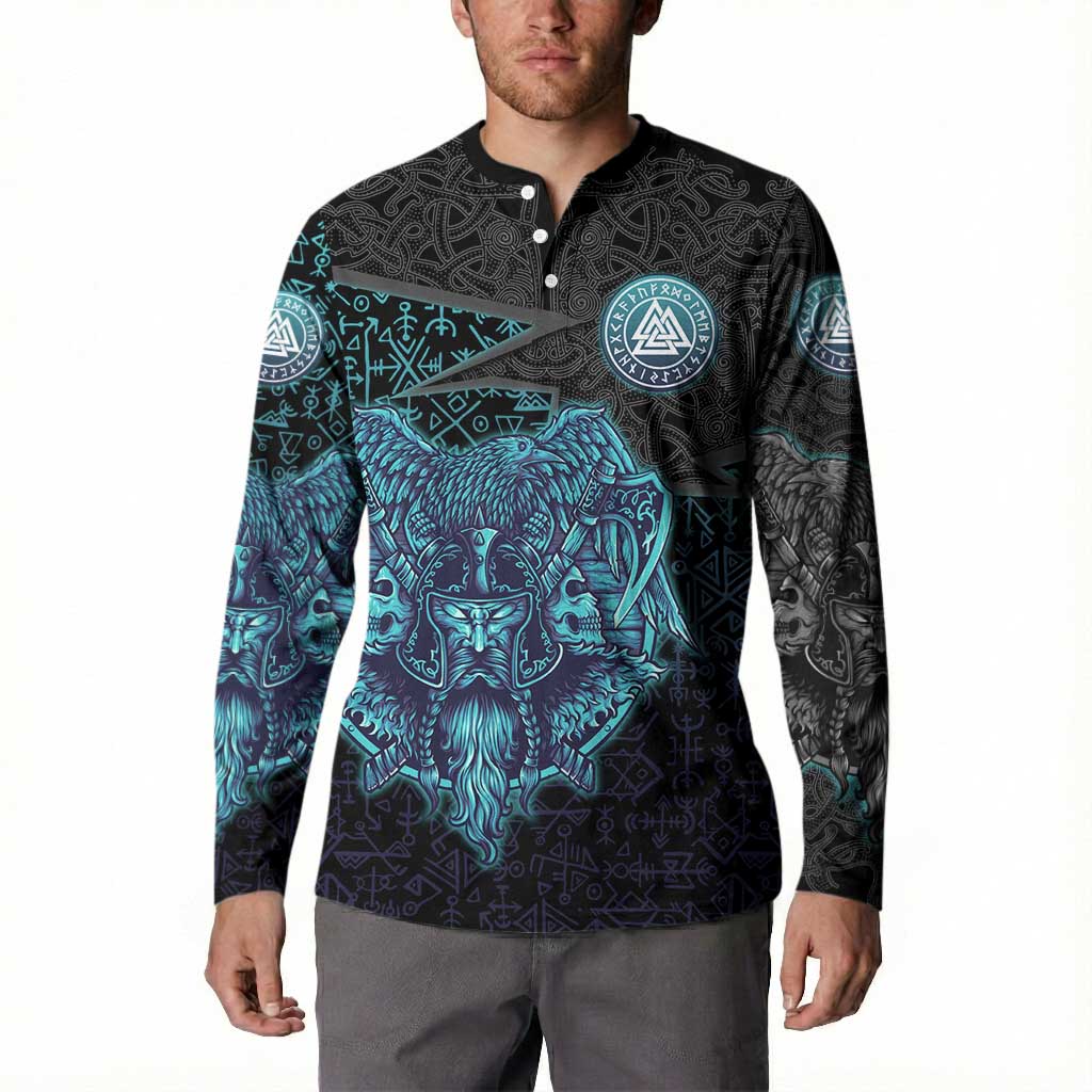 Viking Warrior and Raven Norse Mythology Button Sweatshirt Neon Line Art with Rune Patterns