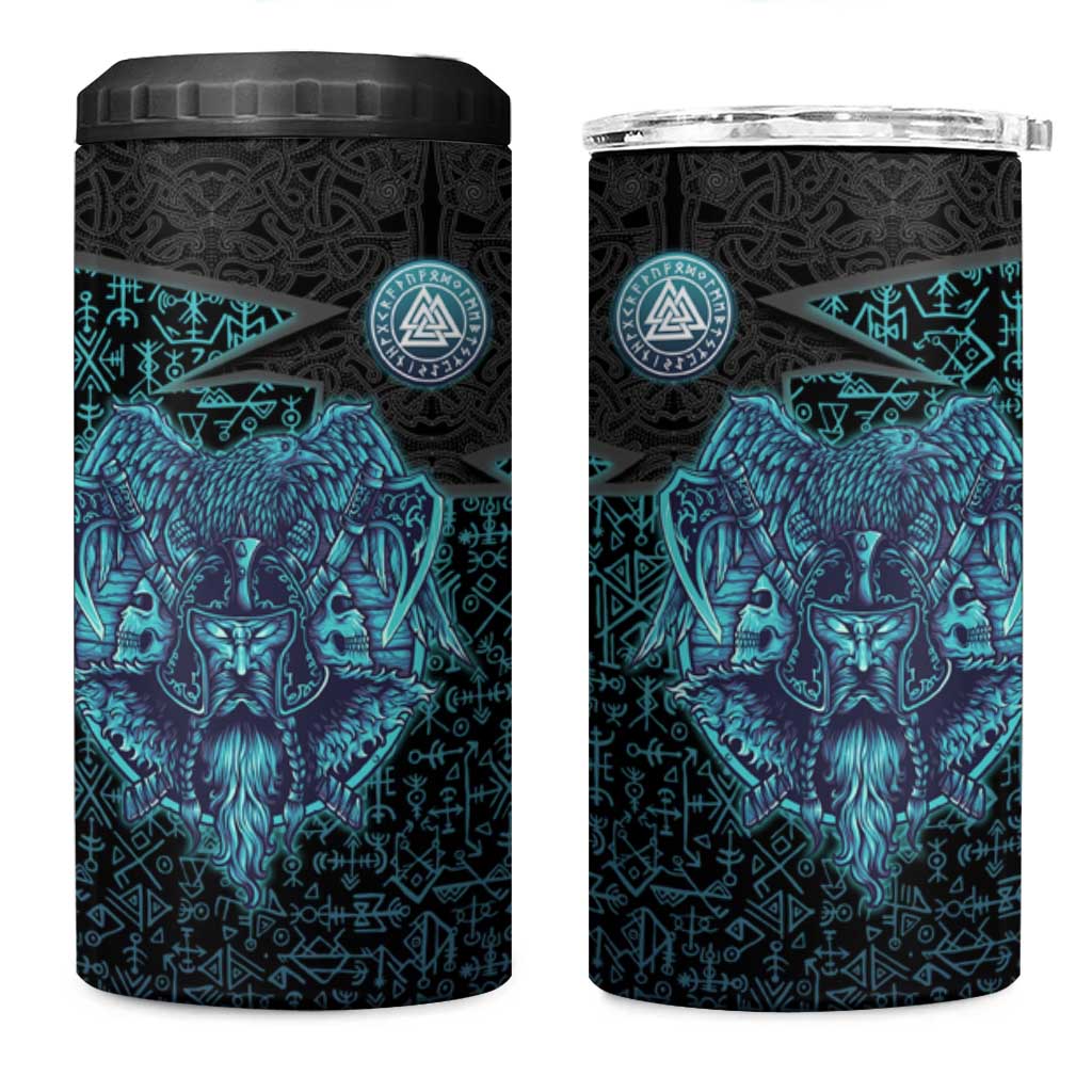 Viking Warrior and Raven Norse Mythology 4 in 1 Can Cooler Tumbler Neon Line Art with Rune Patterns