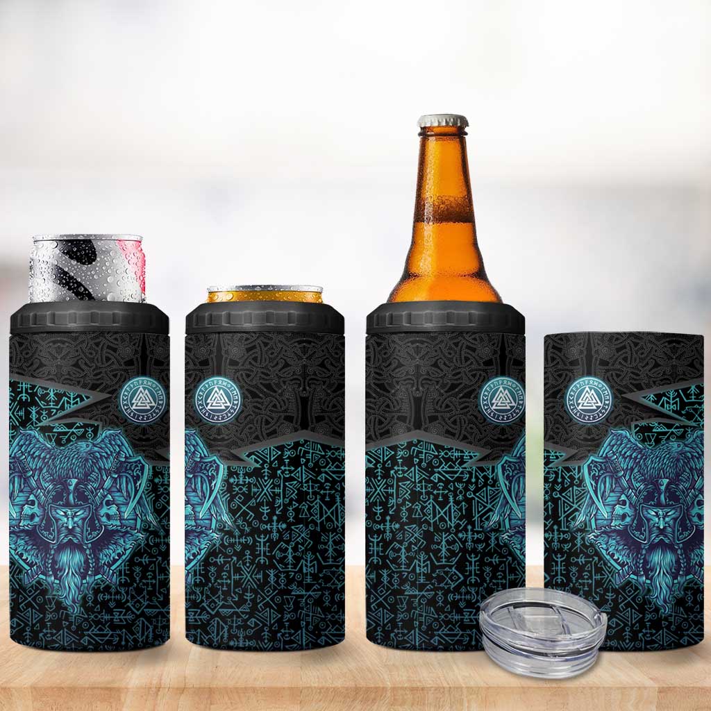 Viking Warrior and Raven Norse Mythology 4 in 1 Can Cooler Tumbler Neon Line Art with Rune Patterns