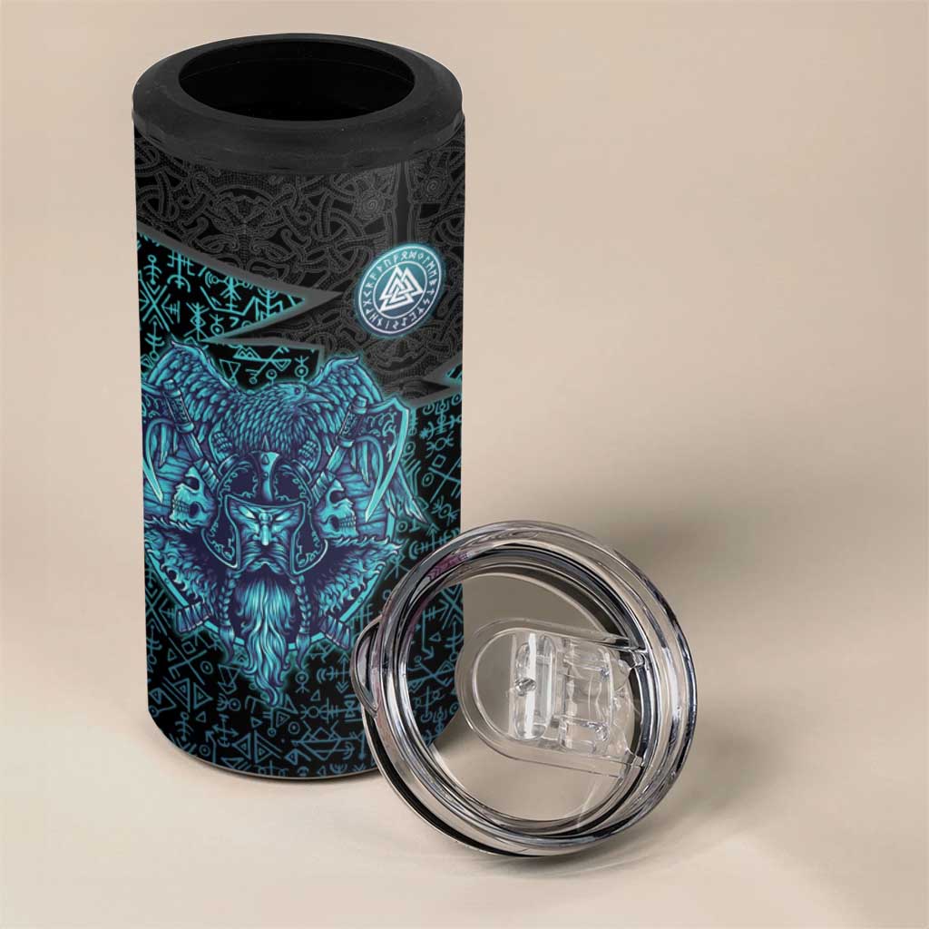 Viking Warrior and Raven Norse Mythology 4 in 1 Can Cooler Tumbler Neon Line Art with Rune Patterns
