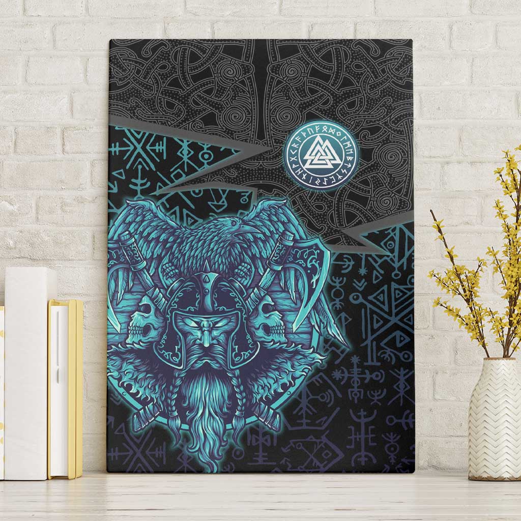 Viking Warrior and Raven Norse Mythology Canvas Wall Art Neon Line Art with Rune Patterns