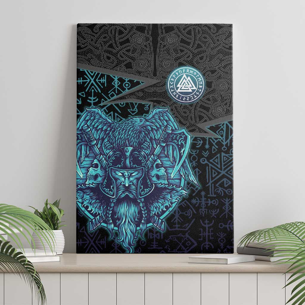 Viking Warrior and Raven Norse Mythology Canvas Wall Art Neon Line Art with Rune Patterns