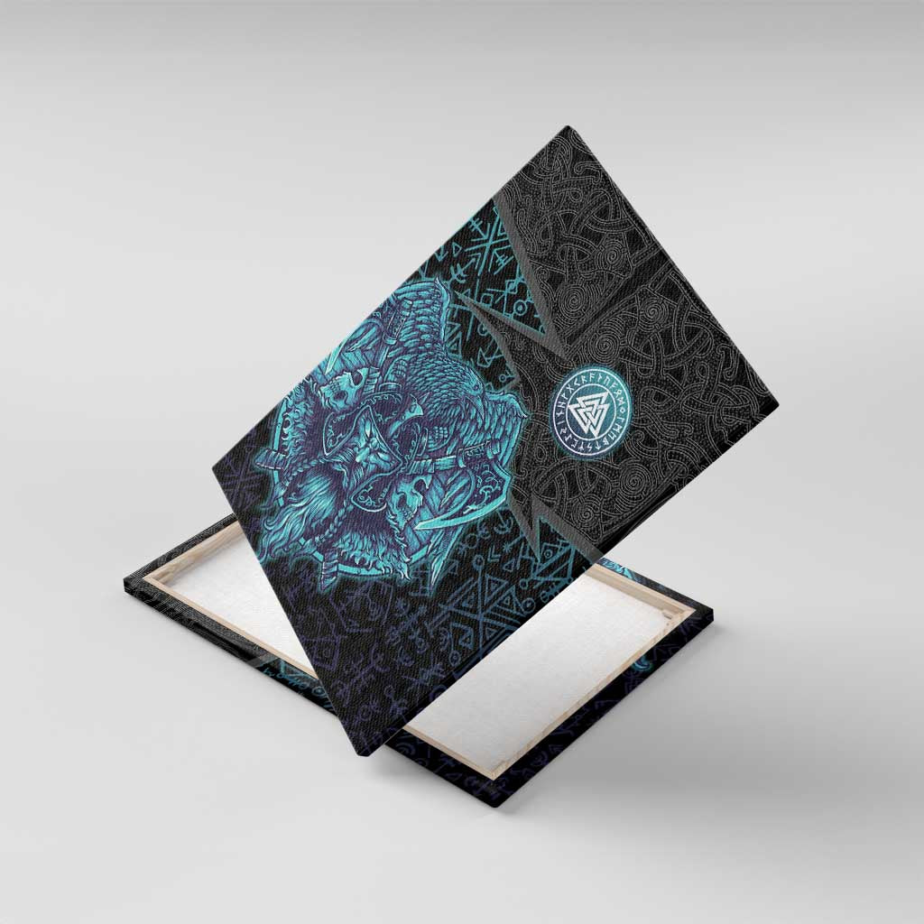 Viking Warrior and Raven Norse Mythology Canvas Wall Art Neon Line Art with Rune Patterns