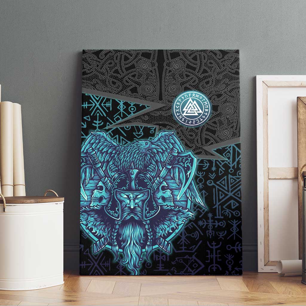 Viking Warrior and Raven Norse Mythology Canvas Wall Art Neon Line Art with Rune Patterns