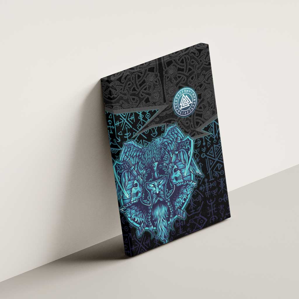 Viking Warrior and Raven Norse Mythology Canvas Wall Art Neon Line Art with Rune Patterns