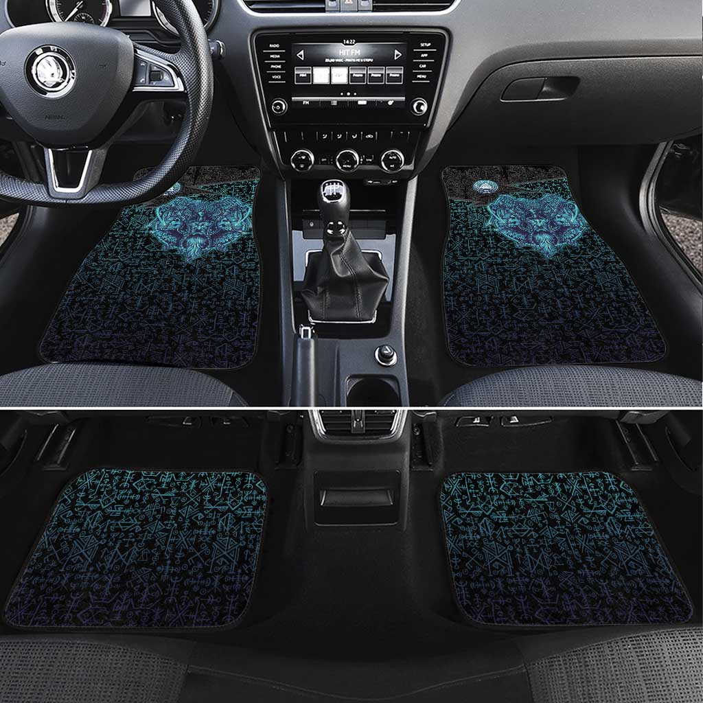 Viking Warrior and Raven Norse Mythology Car Mats Neon Line Art with Rune Patterns