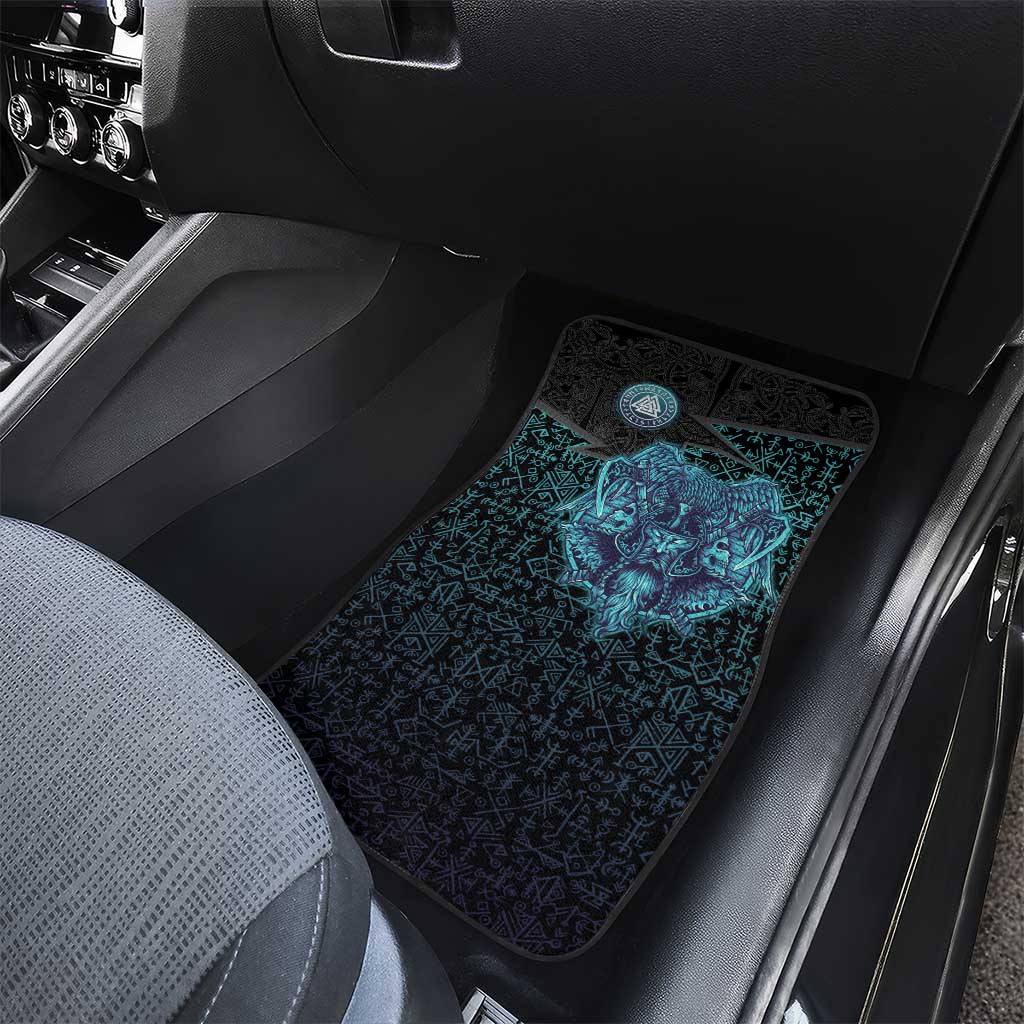 Viking Warrior and Raven Norse Mythology Car Mats Neon Line Art with Rune Patterns