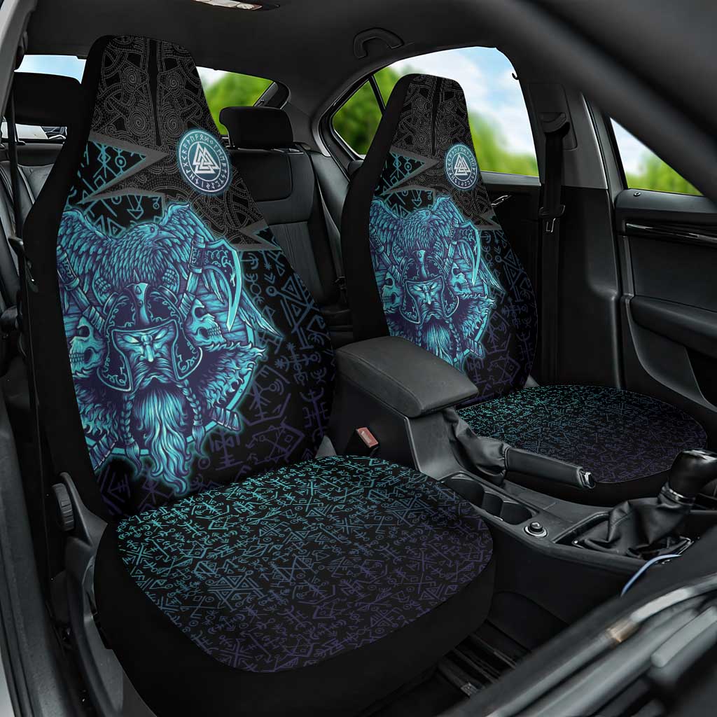 Viking Warrior and Raven Norse Mythology Car Seat Cover Neon Line Art with Rune Patterns