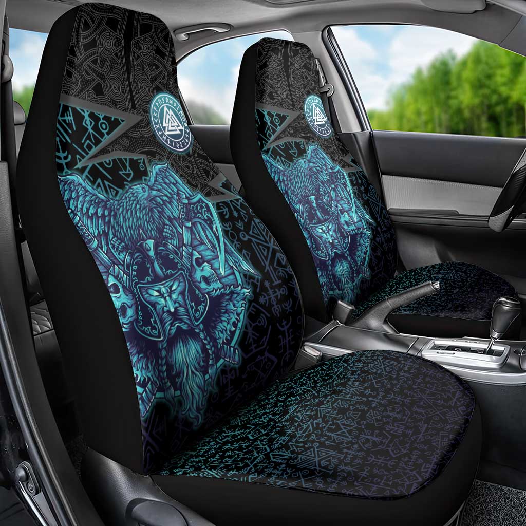 Viking Warrior and Raven Norse Mythology Car Seat Cover Neon Line Art with Rune Patterns