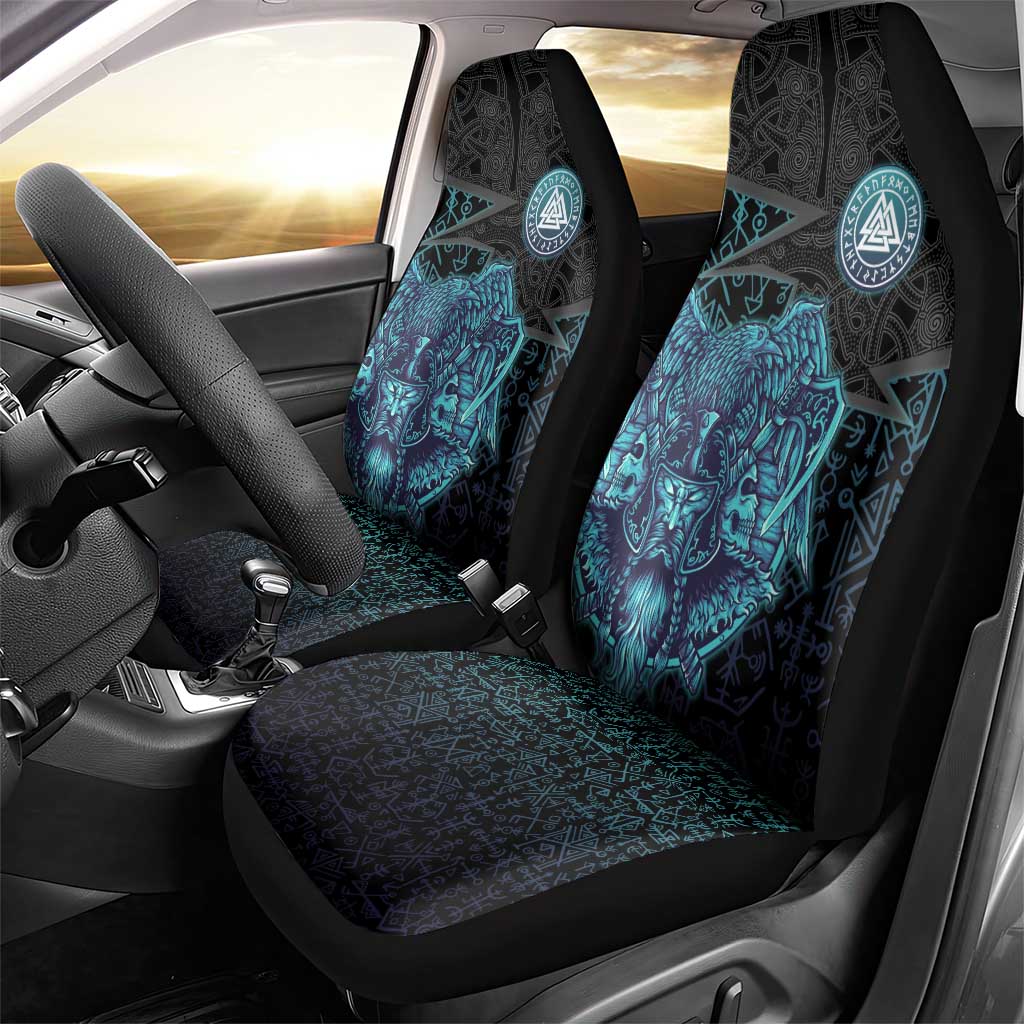 Viking Warrior and Raven Norse Mythology Car Seat Cover Neon Line Art with Rune Patterns