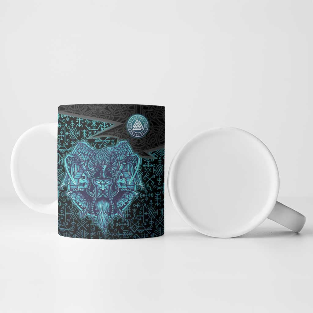 Viking Warrior and Raven Norse Mythology Ceramic Mug Neon Line Art with Rune Patterns