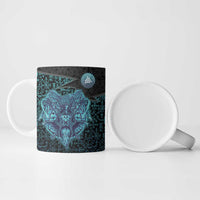 Viking Warrior and Raven Norse Mythology Ceramic Mug Neon Line Art with Rune Patterns