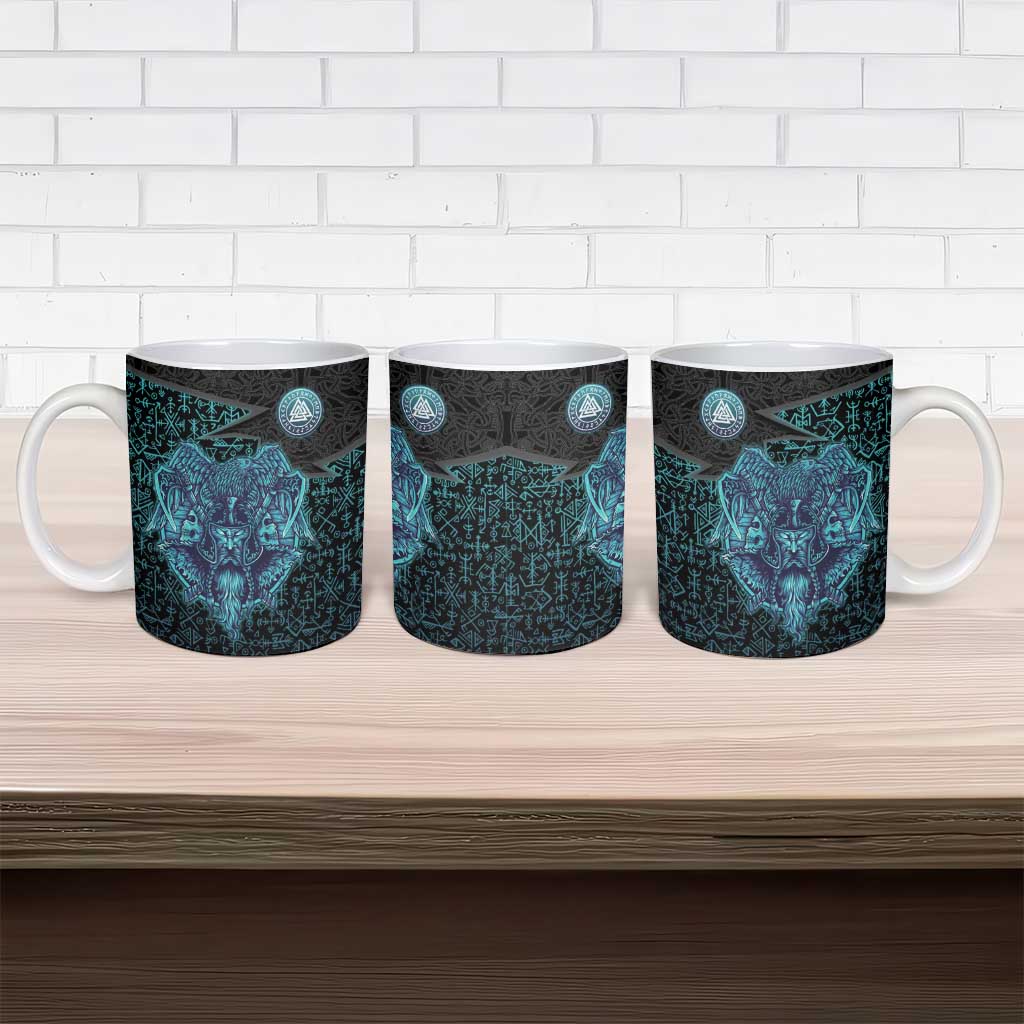 Viking Warrior and Raven Norse Mythology Ceramic Mug Neon Line Art with Rune Patterns