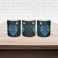 Viking Warrior and Raven Norse Mythology Ceramic Mug Neon Line Art with Rune Patterns