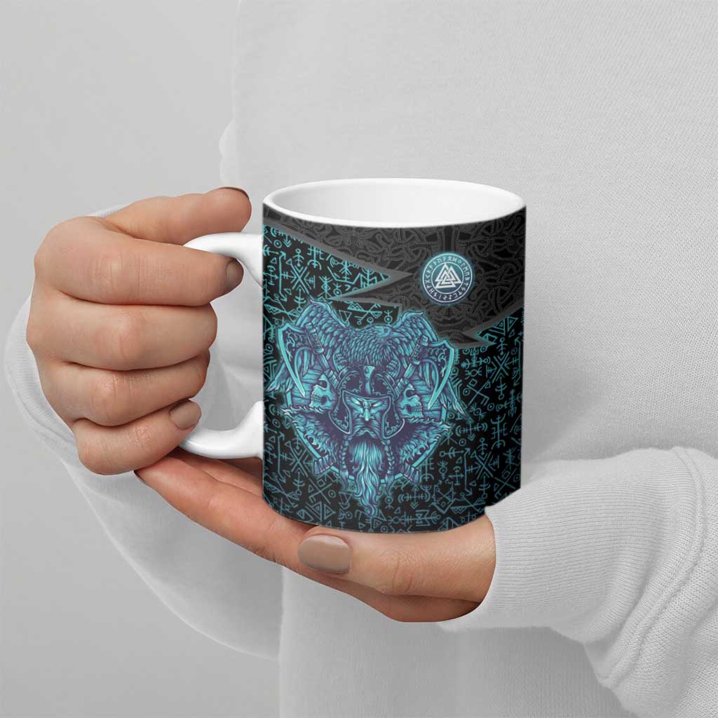 Viking Warrior and Raven Norse Mythology Ceramic Mug Neon Line Art with Rune Patterns