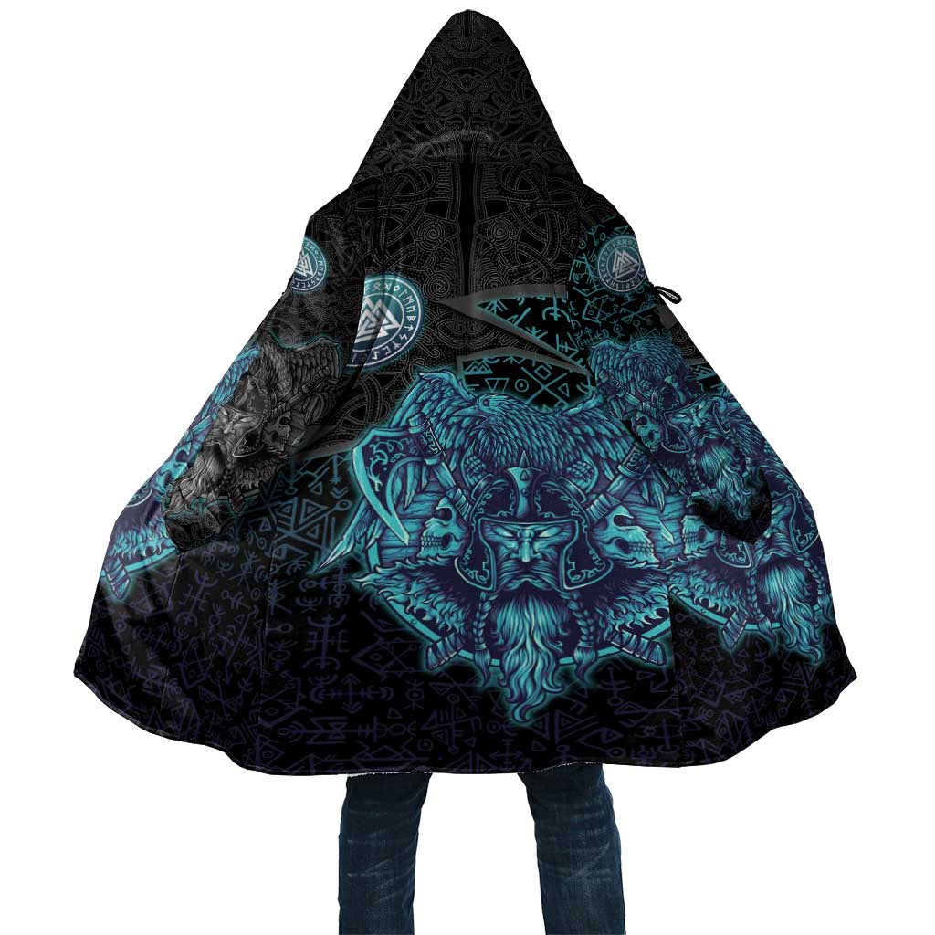 Viking Warrior and Raven Norse Mythology Cloak Neon Line Art with Rune Patterns