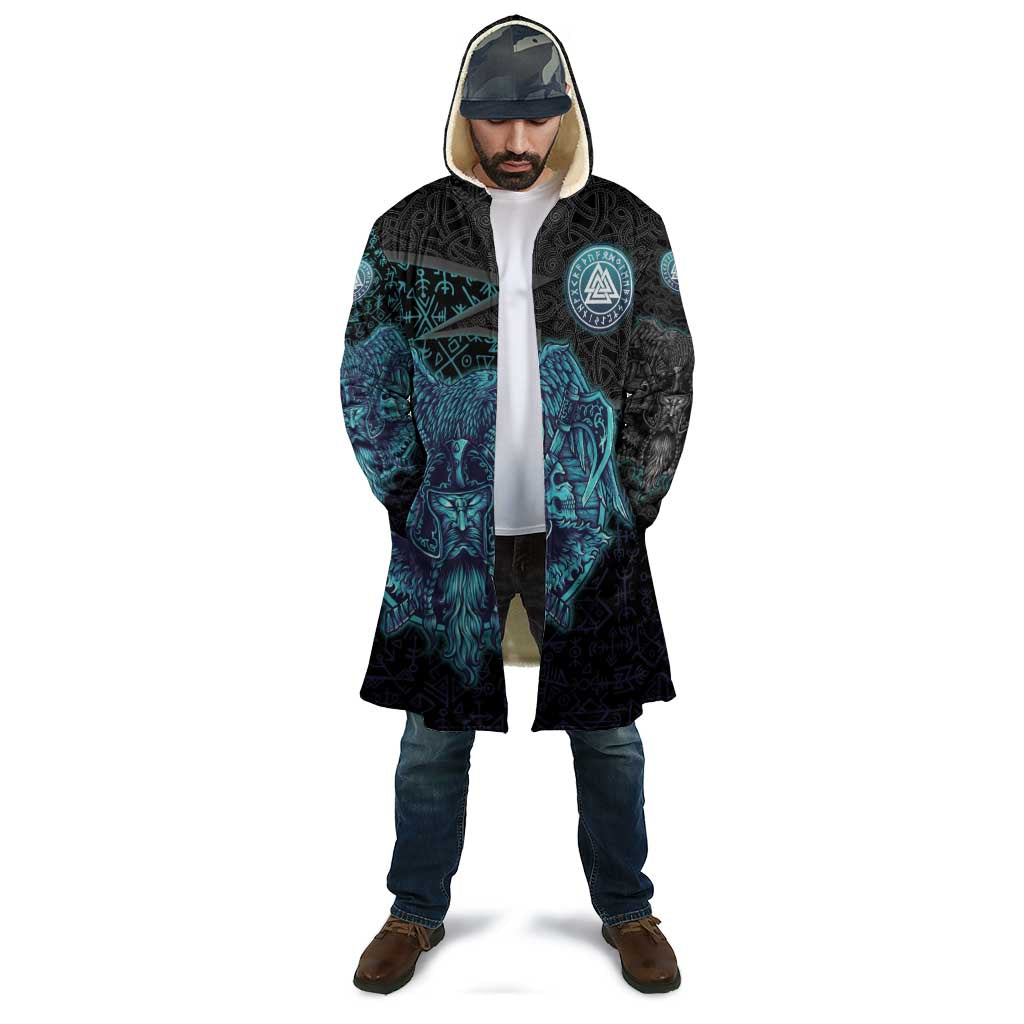 Viking Warrior and Raven Norse Mythology Cloak Neon Line Art with Rune Patterns