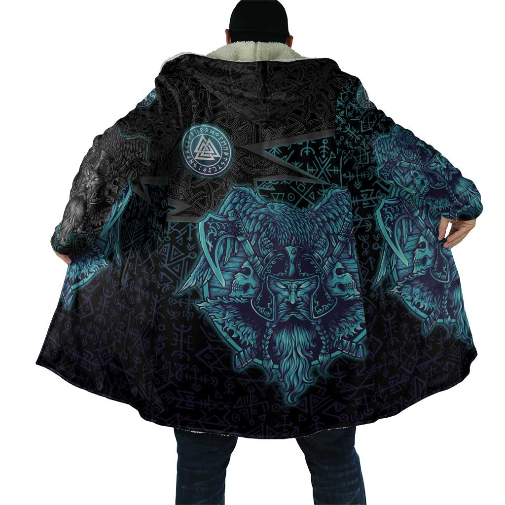 Viking Warrior and Raven Norse Mythology Cloak Neon Line Art with Rune Patterns