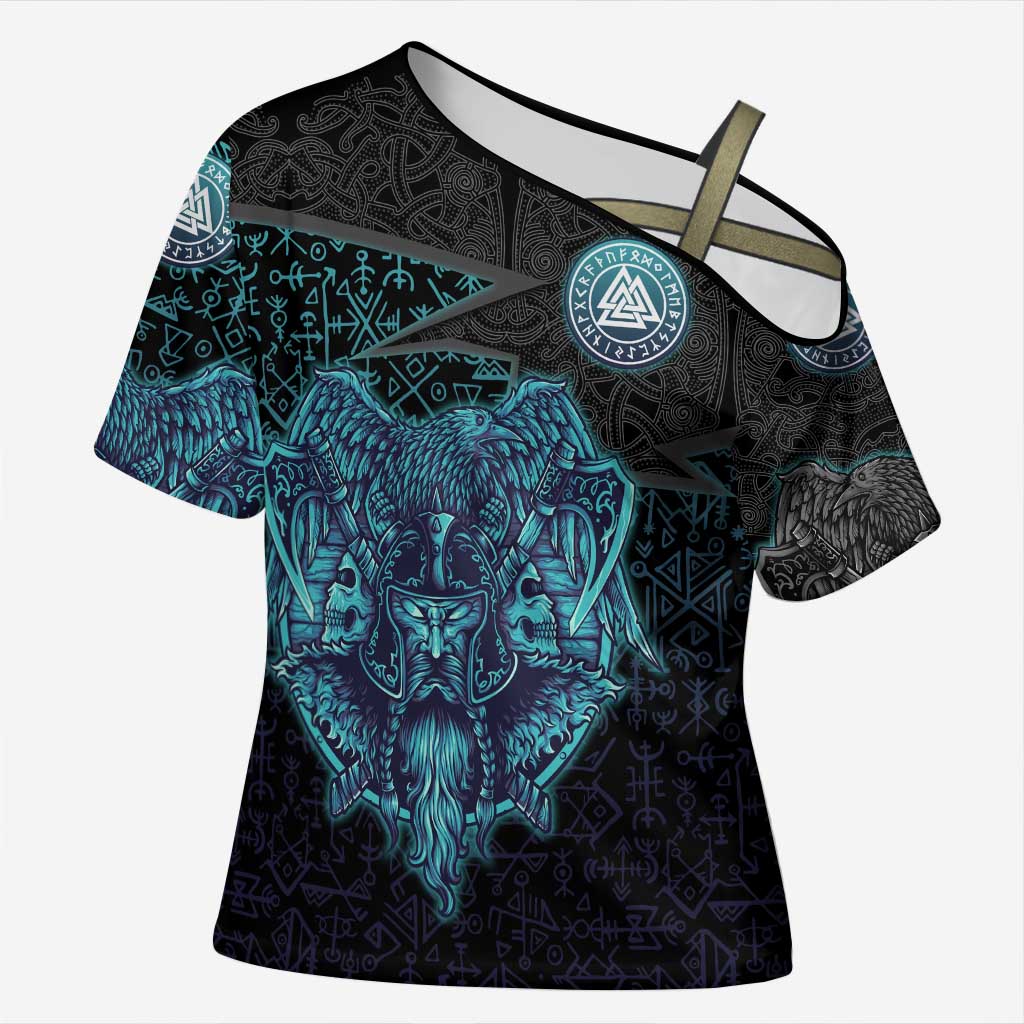 Viking Warrior and Raven Norse Mythology Cross Shoulder Shirt Neon Line Art with Rune Patterns