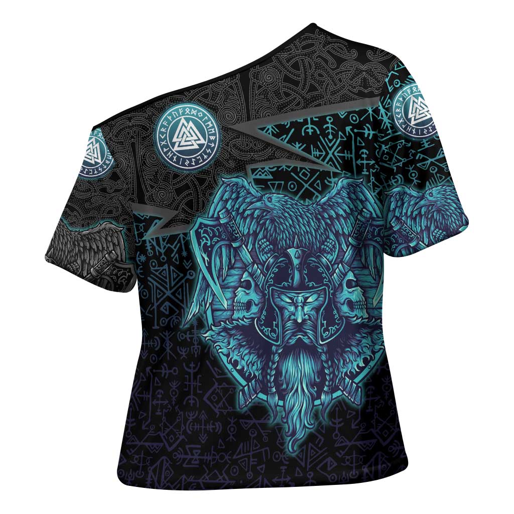 Viking Warrior and Raven Norse Mythology Cross Shoulder Shirt Neon Line Art with Rune Patterns