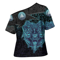 Viking Warrior and Raven Norse Mythology Cross Shoulder Shirt Neon Line Art with Rune Patterns