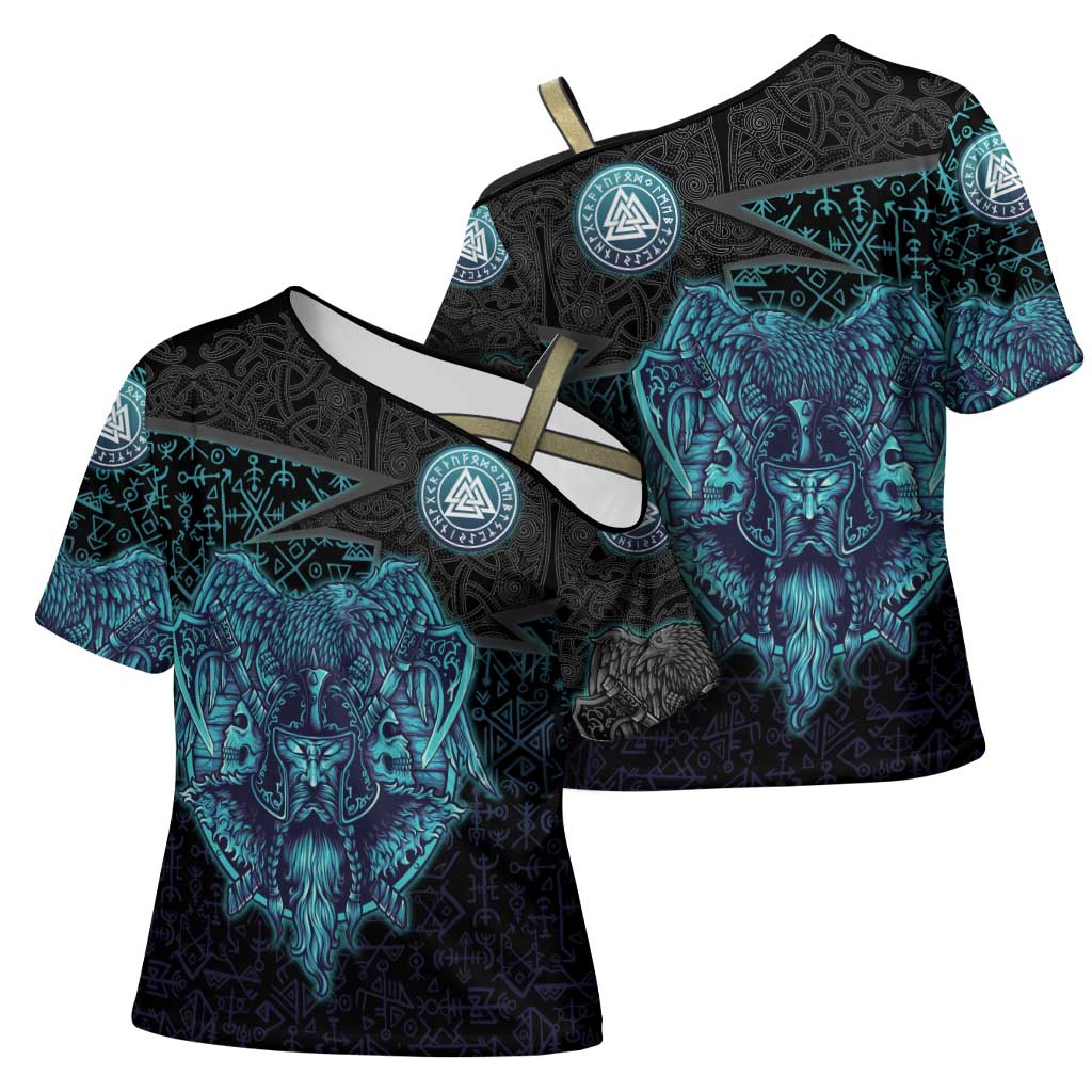 Viking Warrior and Raven Norse Mythology Cross Shoulder Shirt Neon Line Art with Rune Patterns