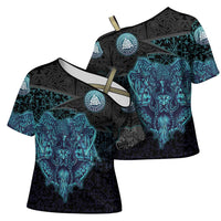 Viking Warrior and Raven Norse Mythology Cross Shoulder Shirt Neon Line Art with Rune Patterns