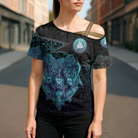 Viking Warrior and Raven Norse Mythology Cross Shoulder Shirt Neon Line Art with Rune Patterns