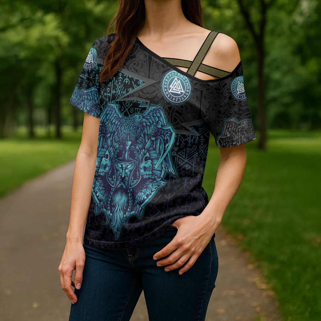 Viking Warrior and Raven Norse Mythology Cross Shoulder Shirt Neon Line Art with Rune Patterns