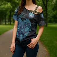 Viking Warrior and Raven Norse Mythology Cross Shoulder Shirt Neon Line Art with Rune Patterns