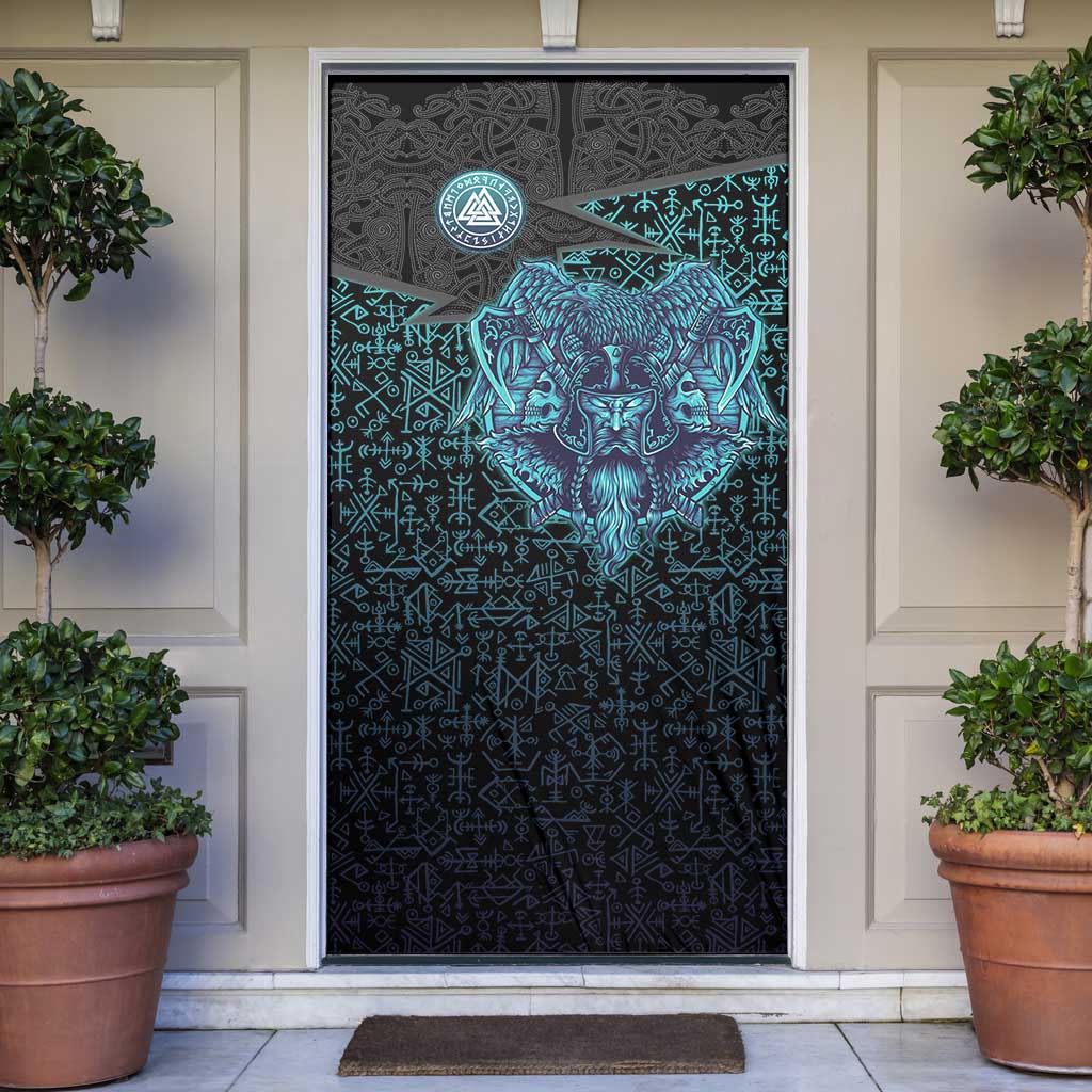 Viking Warrior and Raven Norse Mythology Door Cover Neon Line Art with Rune Patterns
