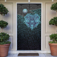 Viking Warrior and Raven Norse Mythology Door Cover Neon Line Art with Rune Patterns
